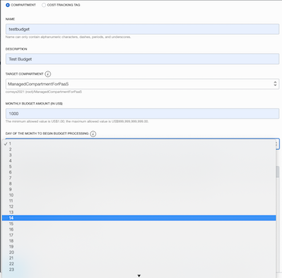 A screenshot of the budget creation screen with the description, compartment, and monthly budget amount filled in and the day of the month to begin budget processing menu expanded.