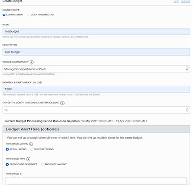 A screenshot of the Create Budget screen with the time cycle for the budget selected.