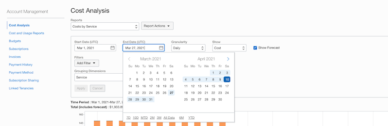 A screenshot of the End Date window in the Cost Analysis screen in the Console.