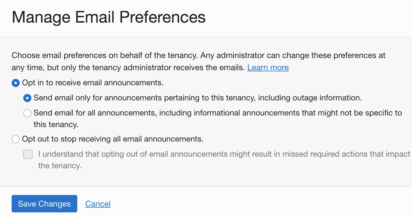 A screenshot of the Manage Email Preferences window in the Console.