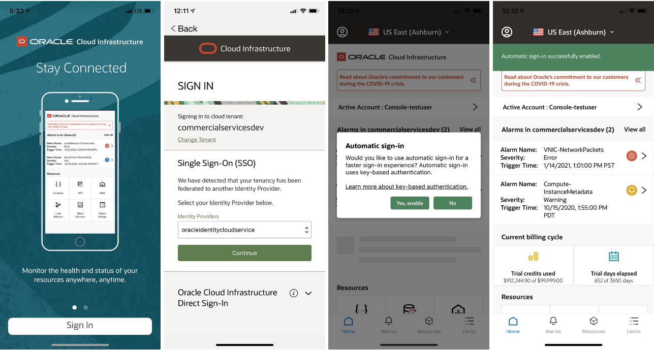 A graphic depicting the different screens of the automatic sign-in process on OCI Mobile.