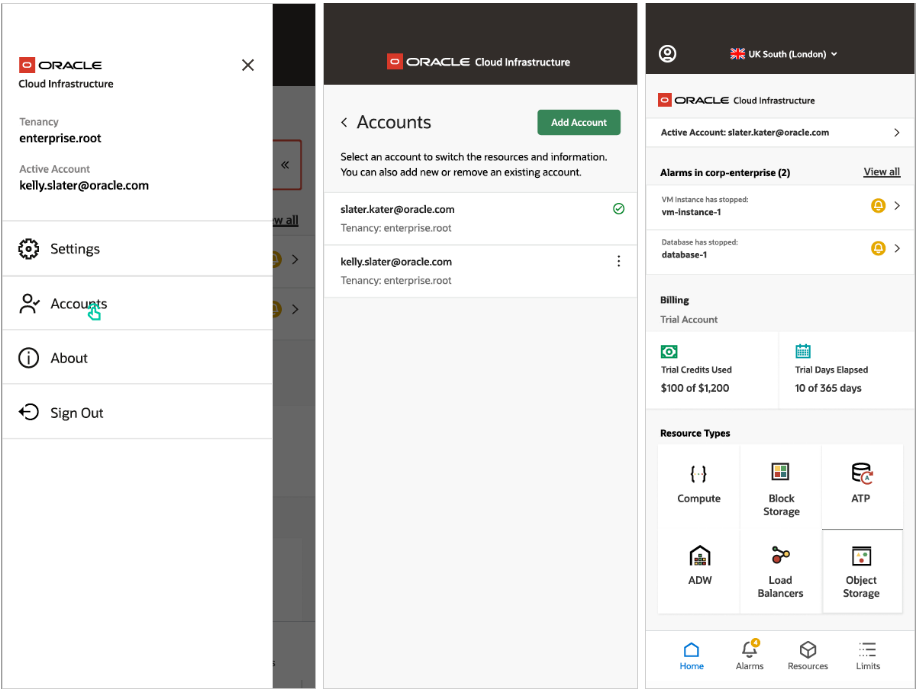 A screenshot of the menu in OCI Mobile, showing the option for choosing an account.