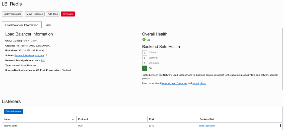 A screenshot of the LB_Redis load balancer information in the Console.