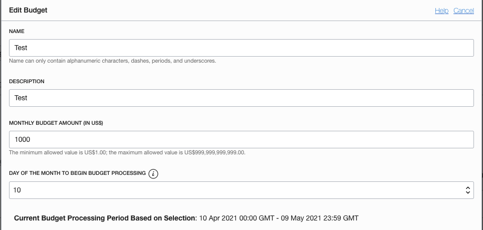 A screenshot of the Edit Budget screen in the OCI Console.