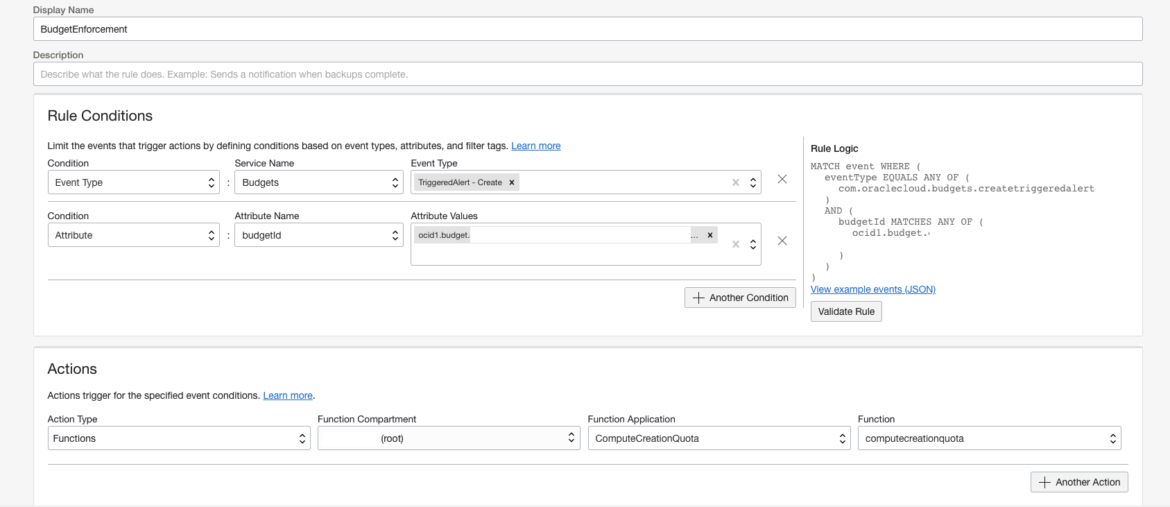 A screenshot of the details of the rule conditions and actions applied to an example budget in the Console.