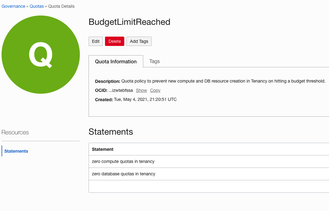 A screenshot of the Quote Details page for the example quota BudgetLimitReached.
