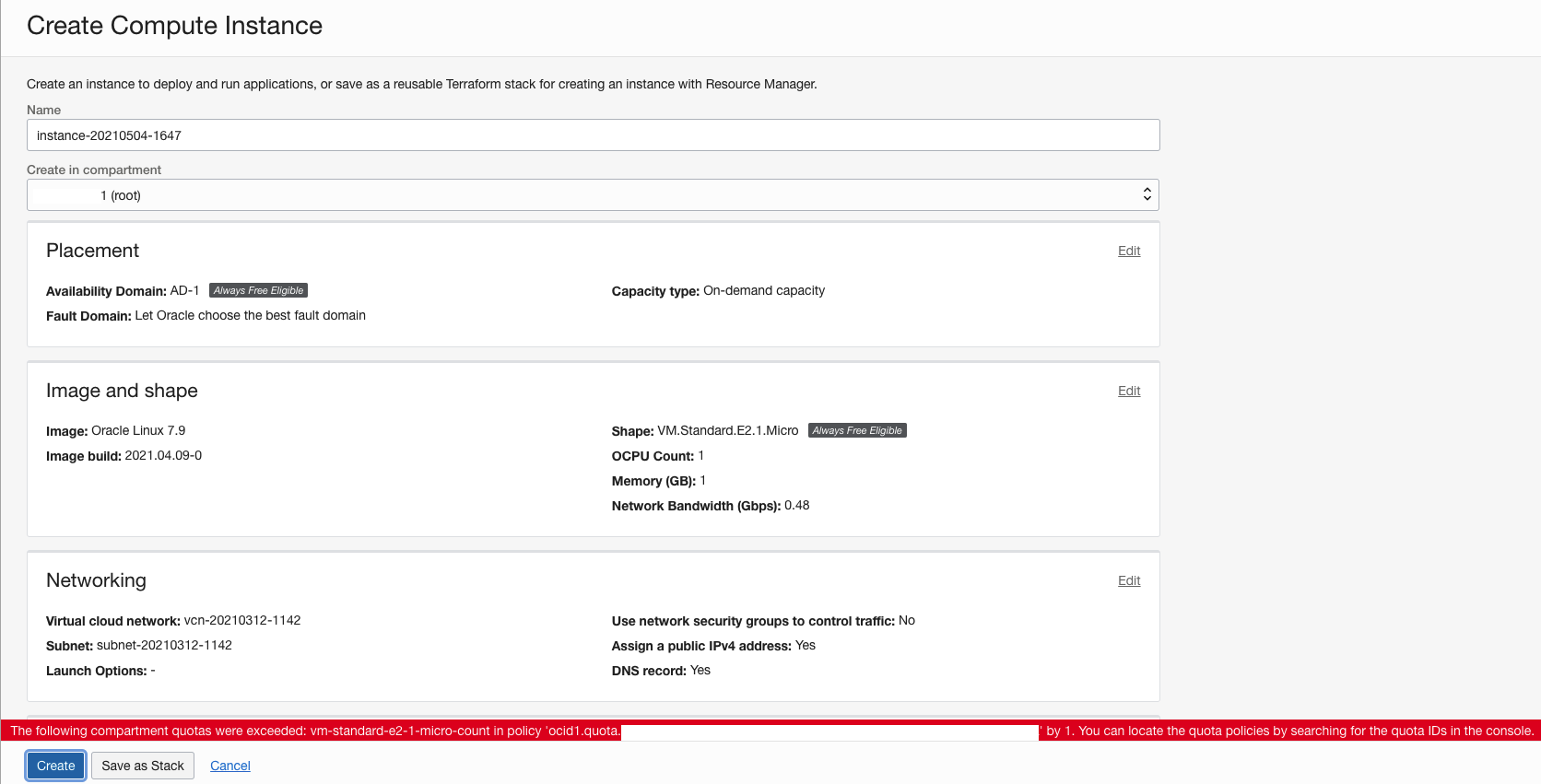 A screenshot of the Create Compute Instance page with the red error message at the bottom.