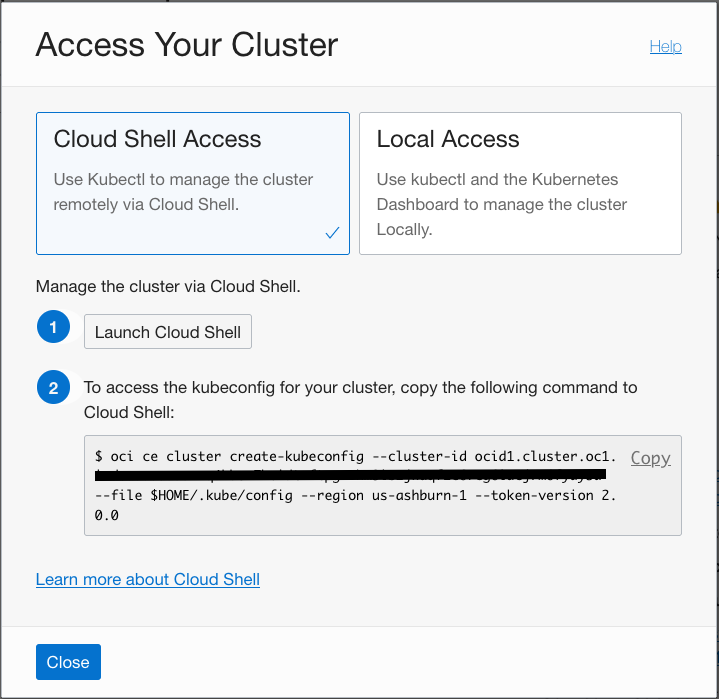 A screenshot of the Access Your Cluster section with Cloud Shell Access selected in blue.