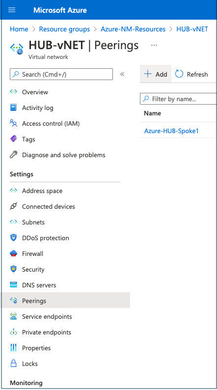 A screenshot of the Peerings page in Microsoft Azure.