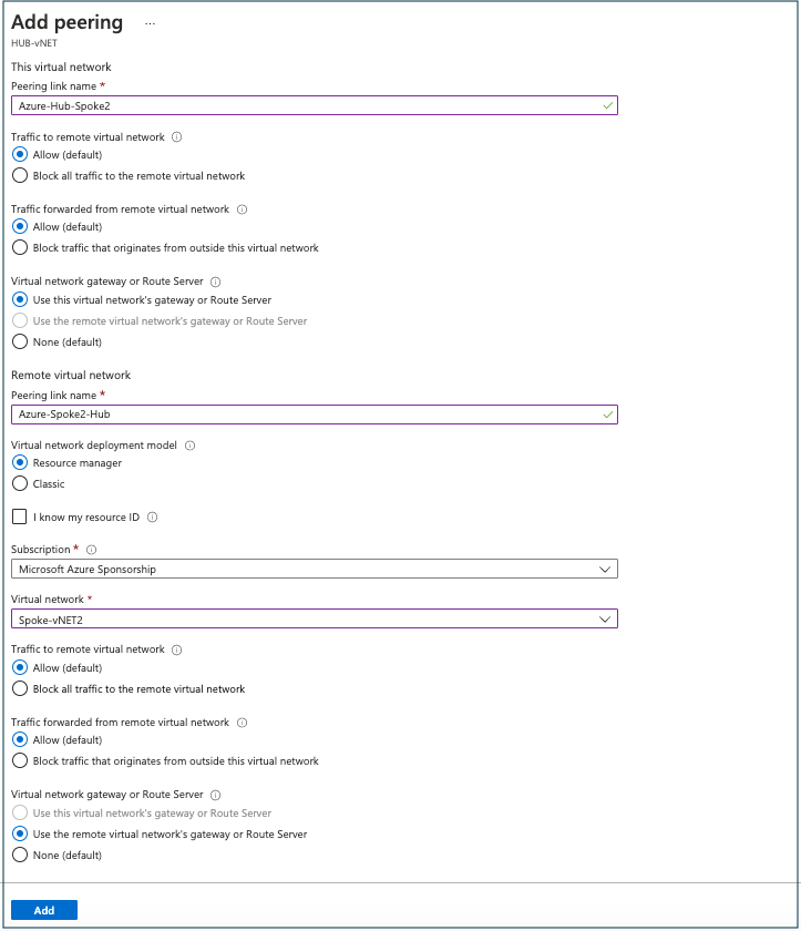 A screenshot of the Add Peering page in Azure with the detail fields filled out and selected.