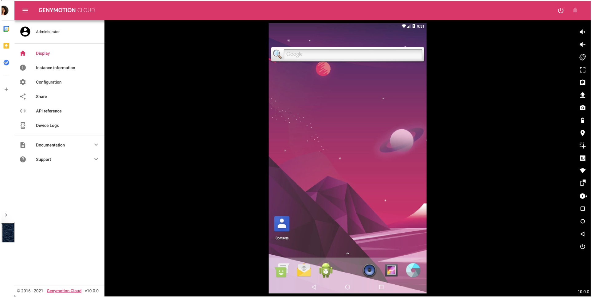 A screenshot of the Genymotion dashboard with a mock mobile device.