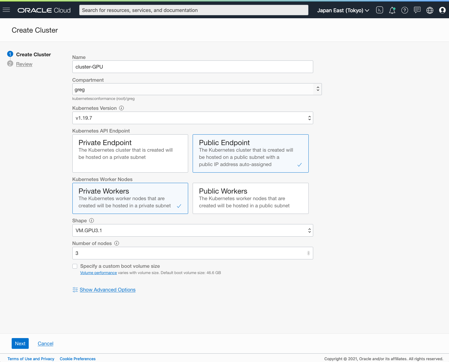 A screenshot of the Create Cluster window with fields filled in.