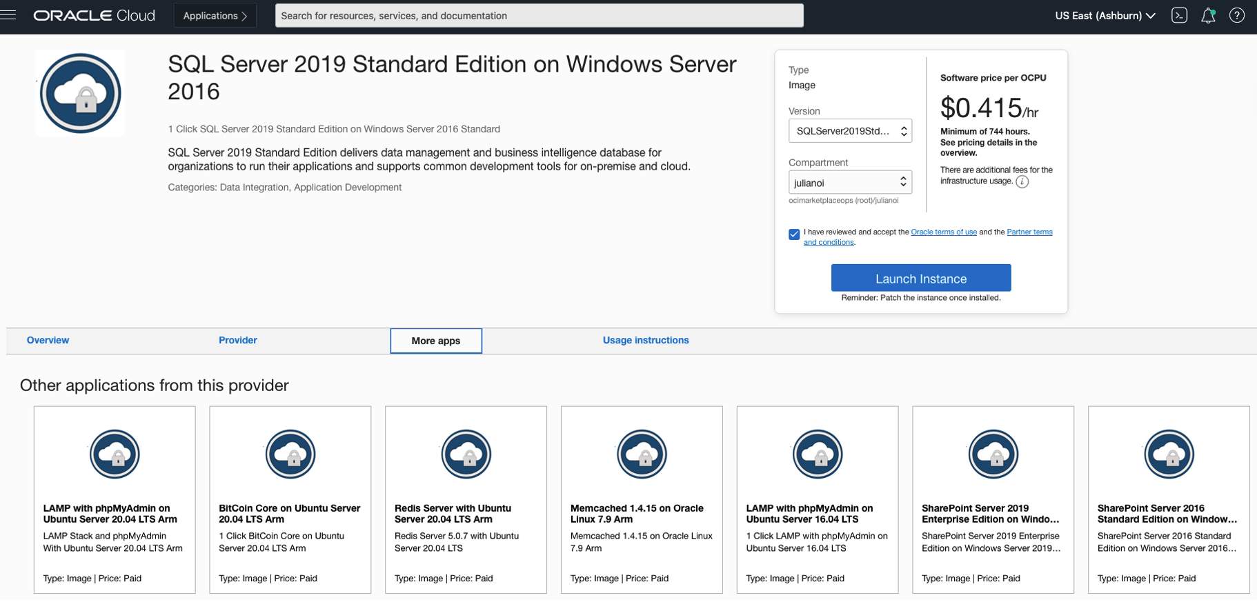 A screenshot of the Marketplace image for SQL Server 2019 Standard Edition for Windows 2016.