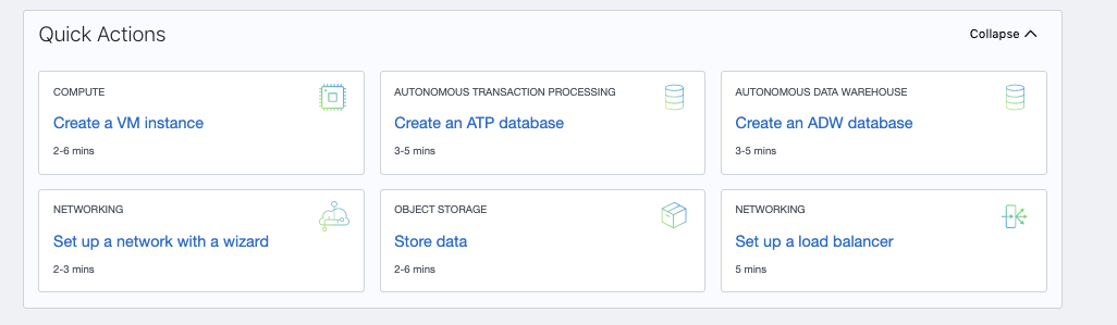 Screenshot that shows the Quick Actions section of the Console Home page.