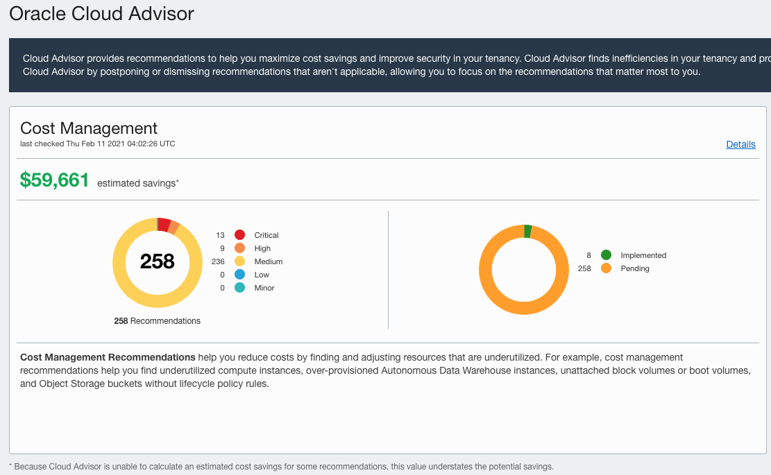 A screenshot of the Oracle Cloud Adviser dashboard, showing an example Cost Management window with graphics.