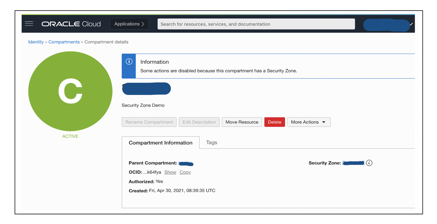 A screenshot of the Compartment details page, showing the information for the created demo compartment.