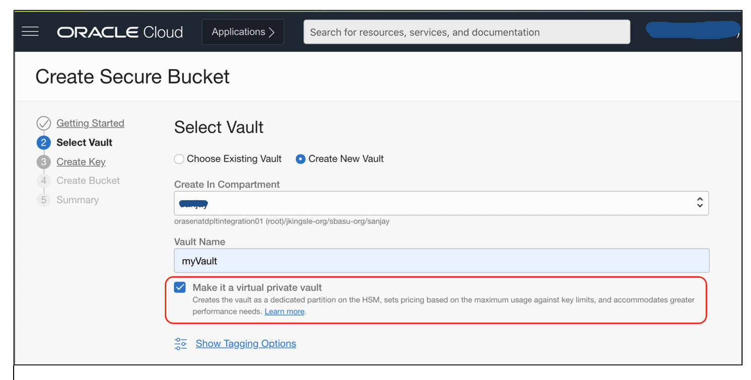 A screenshot of the Create Secure Bucket window with the option for “Make it a virtual private vault” selected and circled in red.