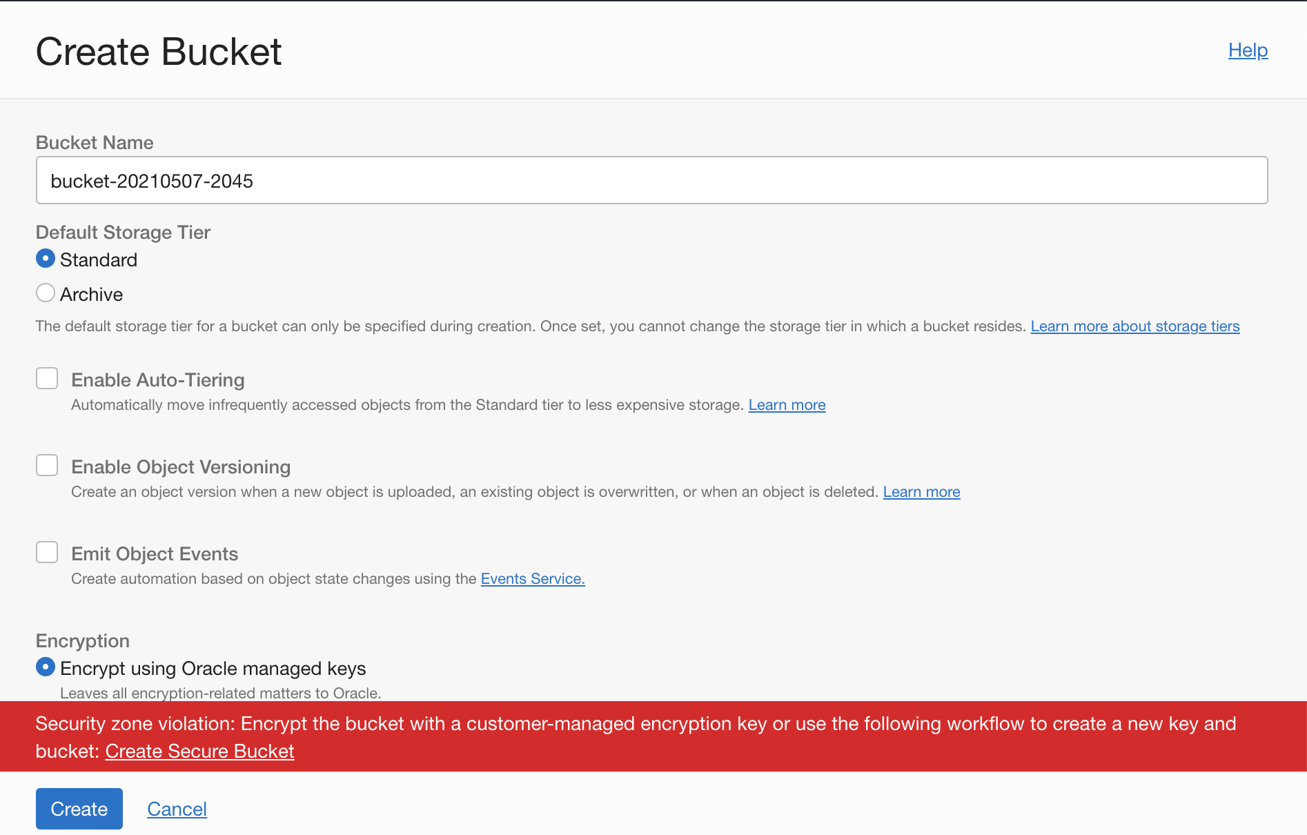 A screenshot of the Create Bucket screen in the Console with a red banner for a security zone violation at the bottom.