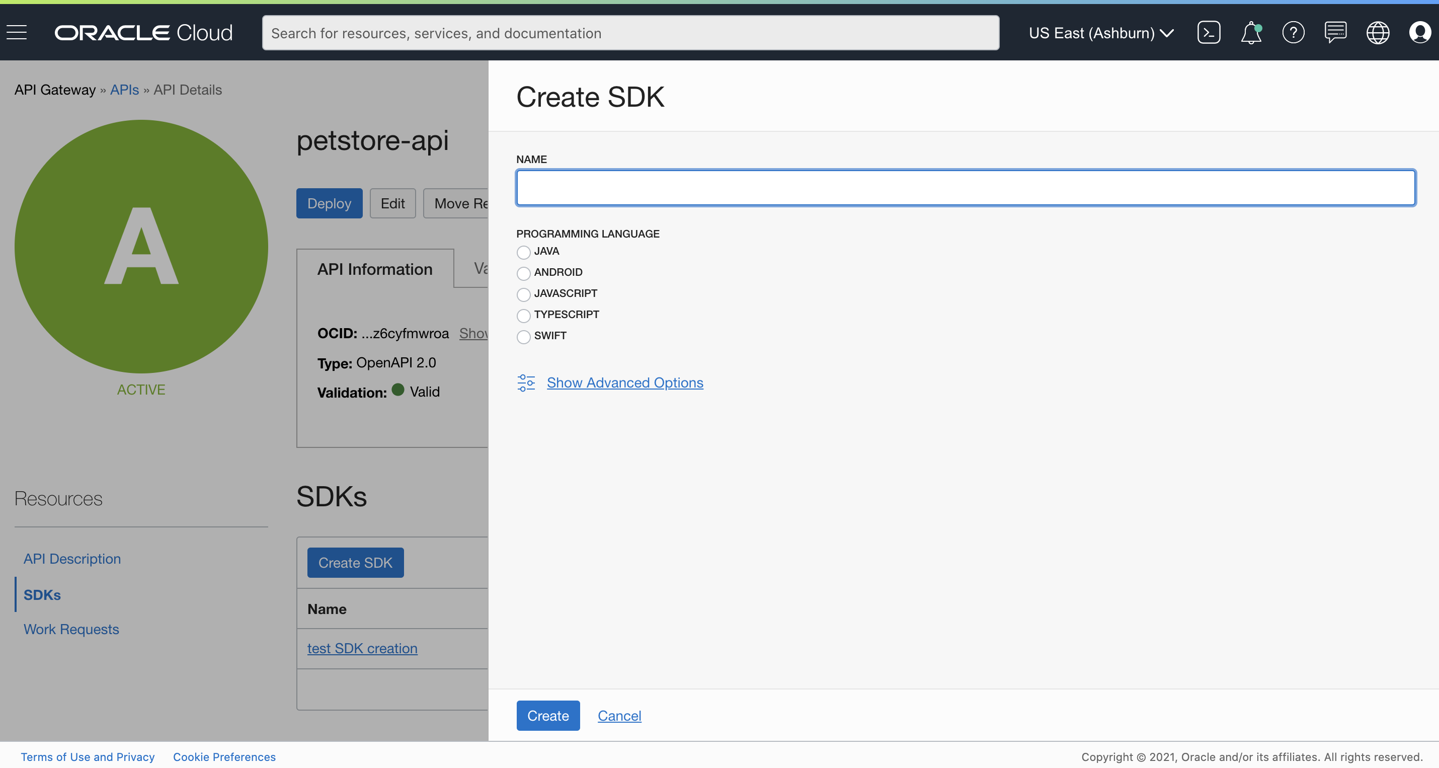 A screenshot of the Create SDK screen in the Console.