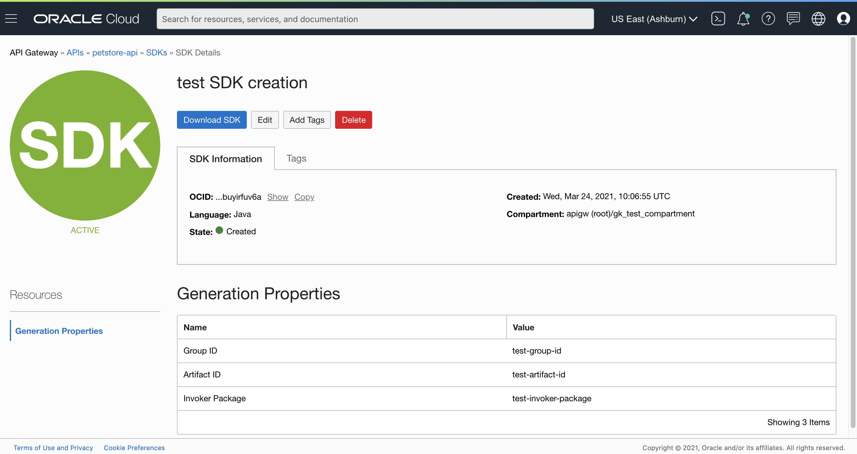 A screenshot of the test SDK creation details page.
