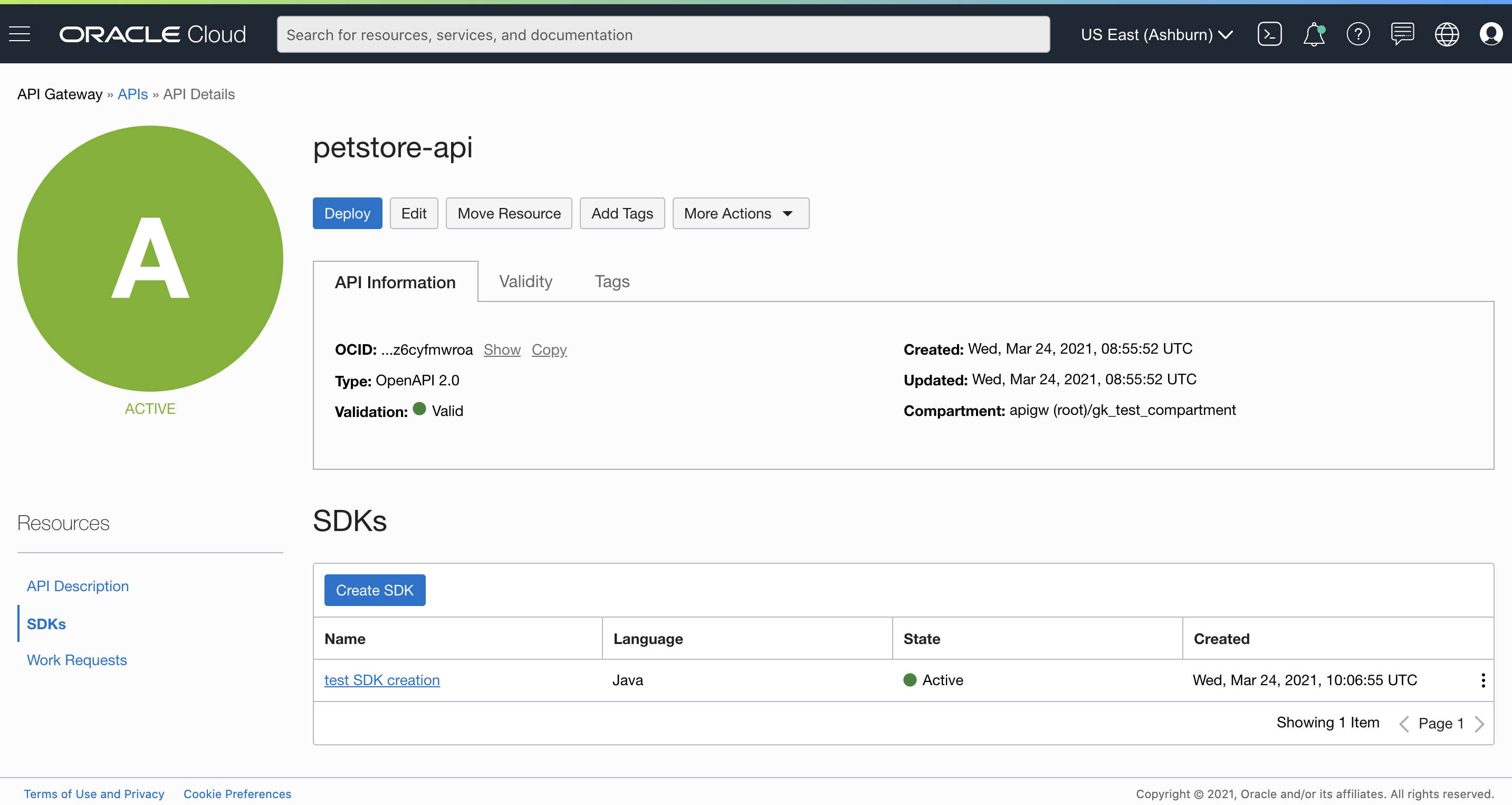 A screenshot of the API details page with the newly created SDK.