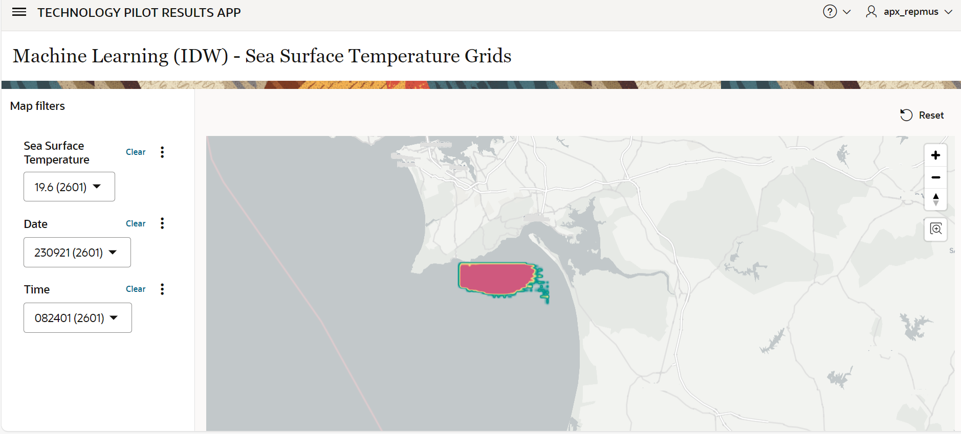 A screenshot of the machine learning IDW sea surface temperature grids with map filters on.