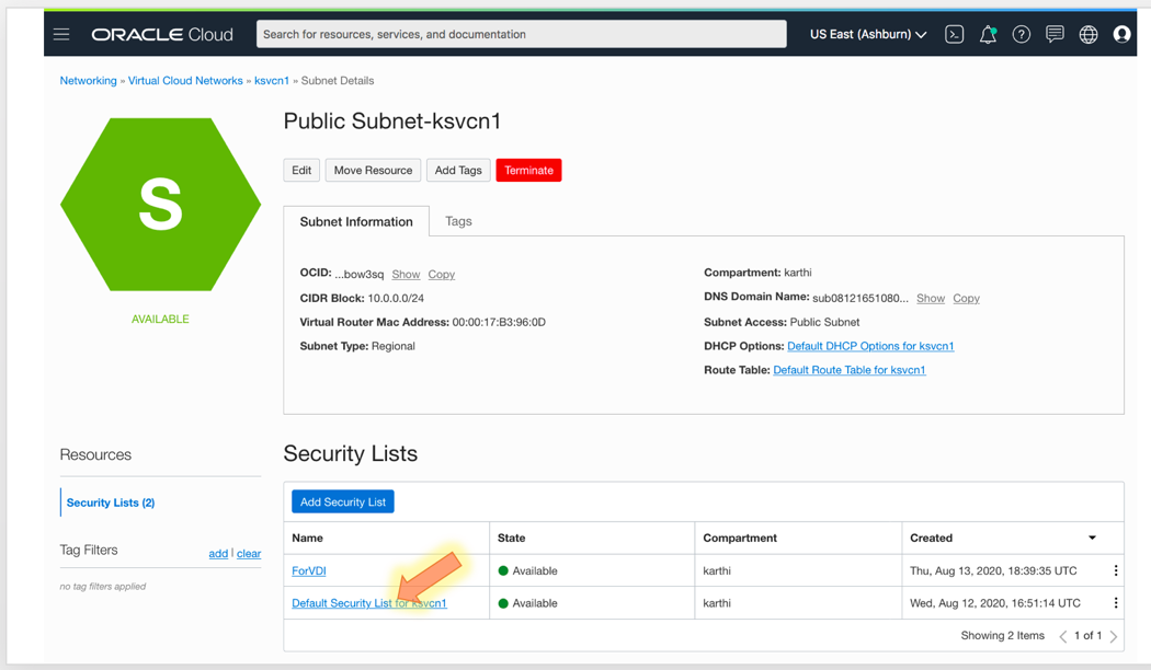 A screenshot that shows the subnet details page with the default security list link highlighted.