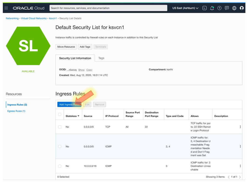 A screenshot that shows the default security list details page with Add Ingress Rules button highlighted.