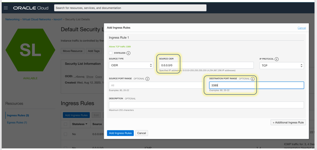 A screenshot that shows the Add Ingress Rules dialog box, with CIDR block 0.0.0.0/0 specified for TCP port 3389.