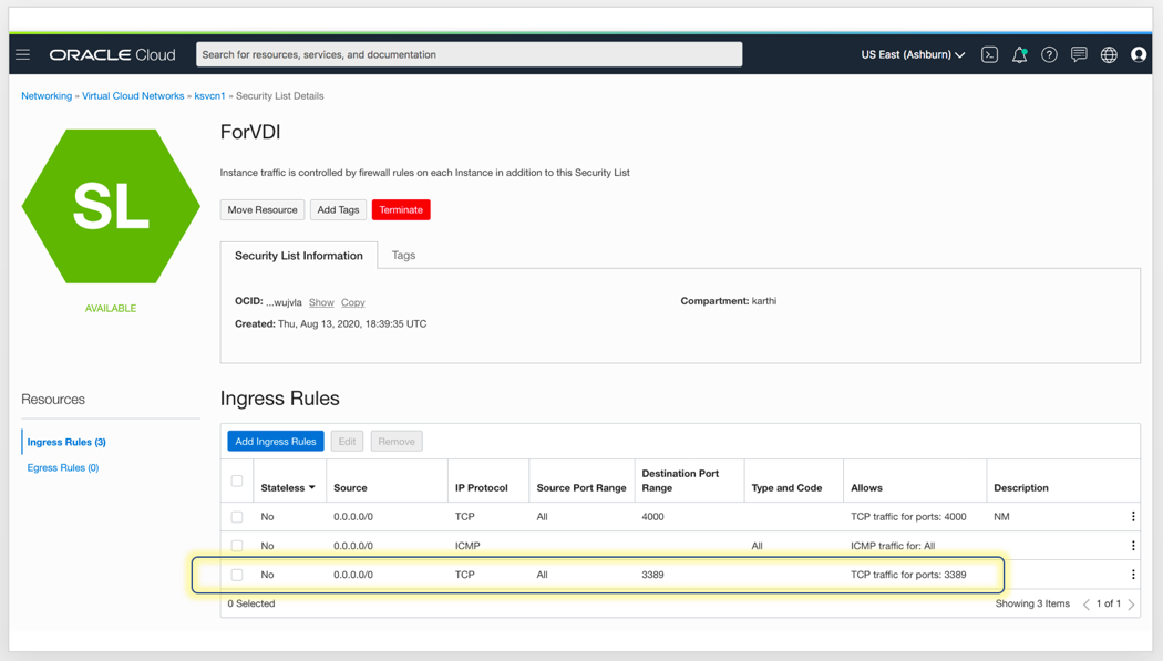A screenshot that shows the default security list details page with the new ingress rules highlighted.