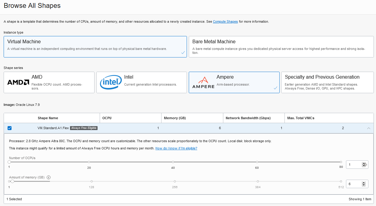 A screenshot of the Browse All Shapes screen in the OCI Console.