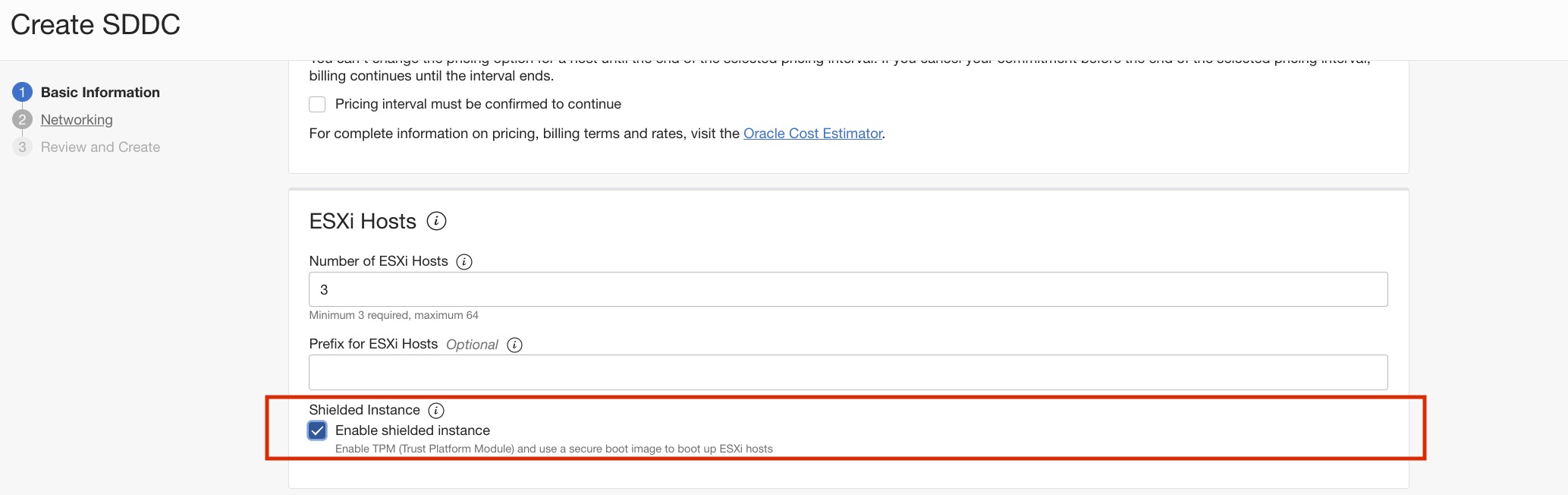 A screenshot of the Create SDDC page with the Shielded Instance section outlined in red.