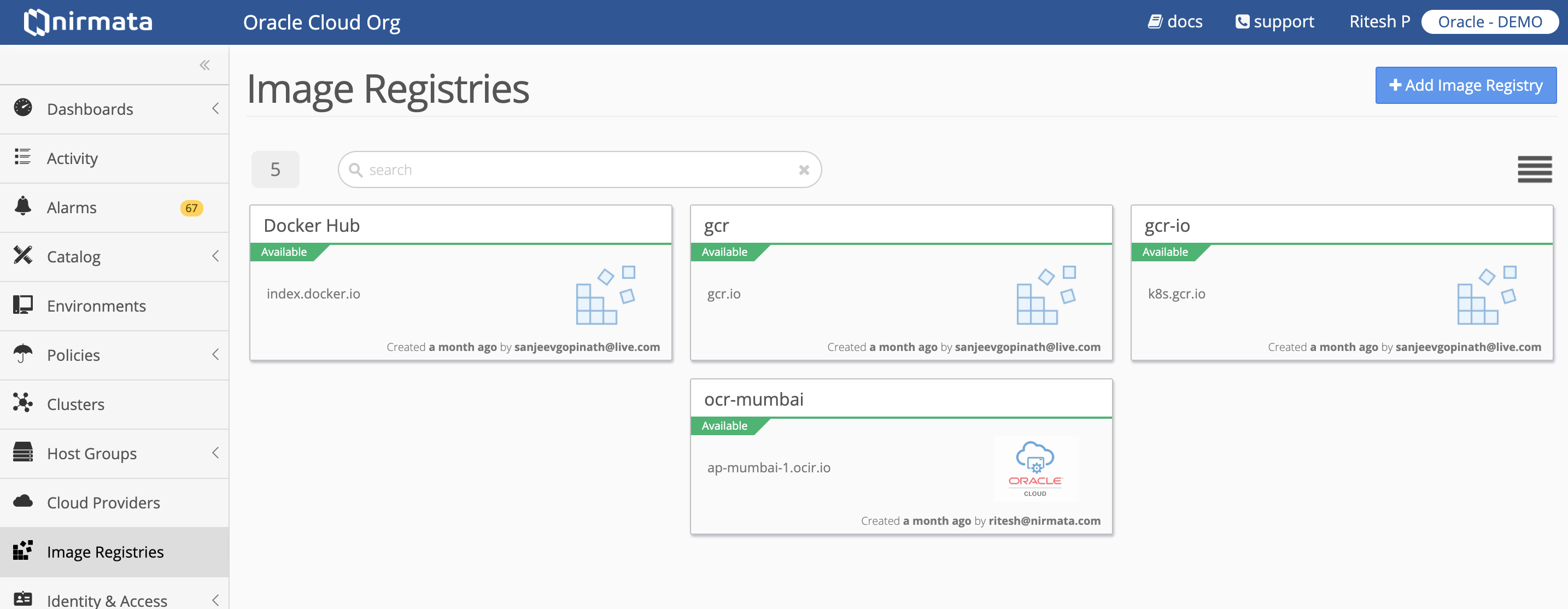 Screenshot that shows the Image Registries page in the Nirmata console, with the Oracle registry added.