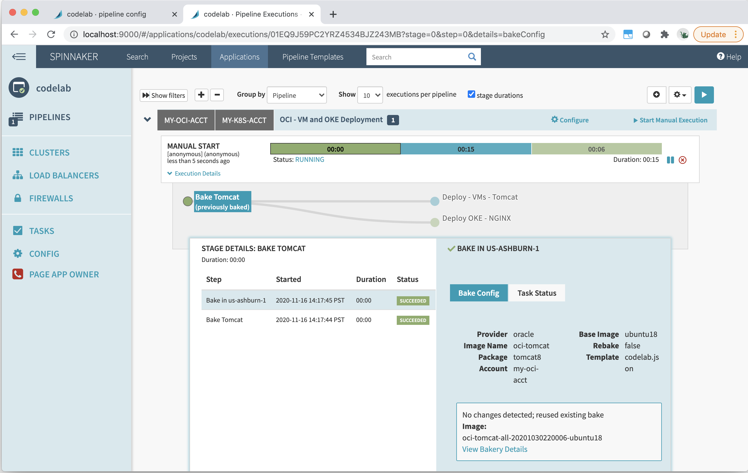 A screenshot of the Spinnaker pipeline running Bake Tomcat.