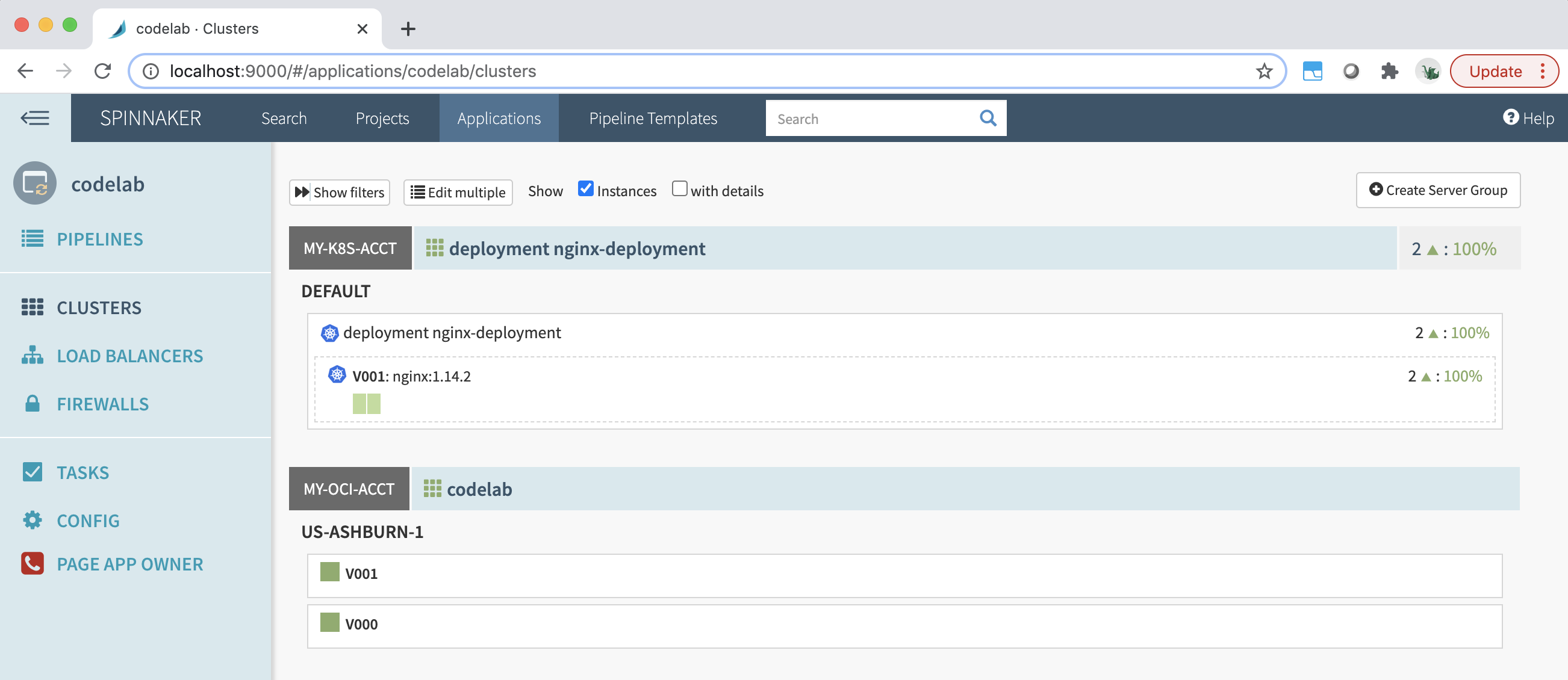 A screenshot of the clusters in the example deployment running in the Spinnaker pipeline.