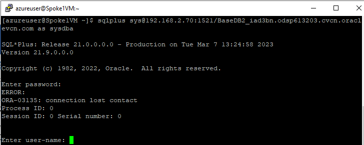 A screenshot of the output for a timed out SQL*Plus connection.