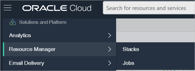 A screenshot of the main menu in the Oracle Cloud Console, highlighting the Resource Manager and Stacks options.