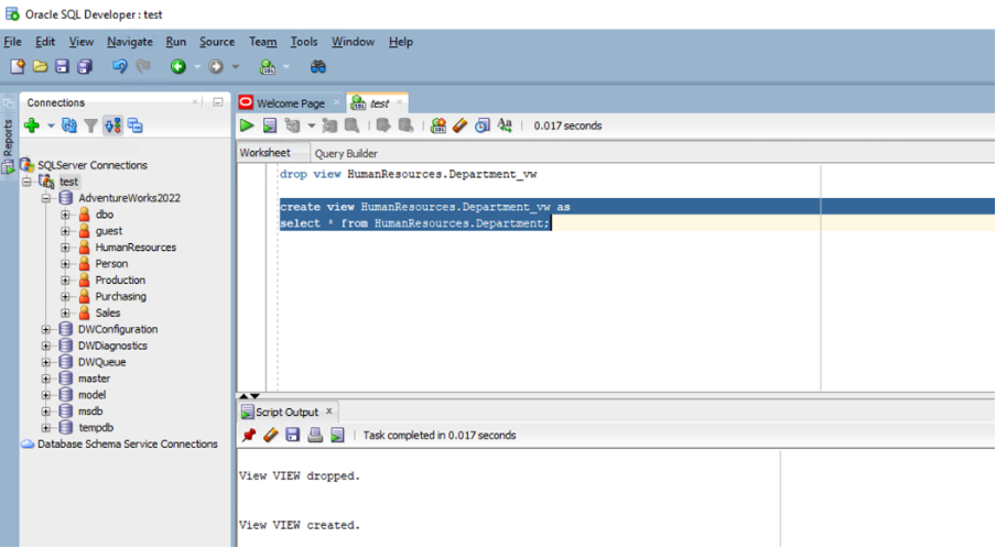 A screenshot of the Oracle SQL Developer query builder test creation window.