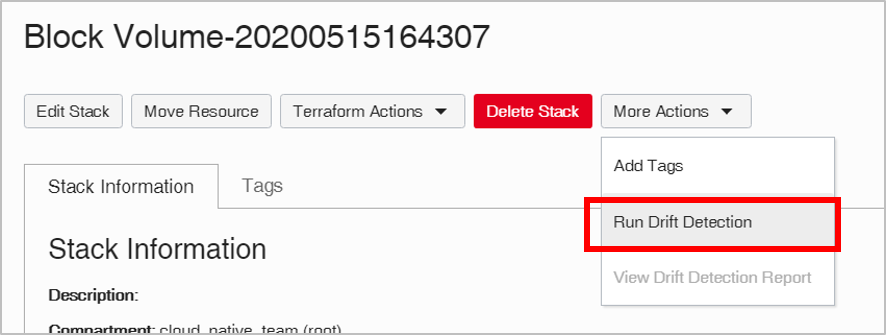 A screenshot that shows the details page for a stack, with the Run Drift Detection option highlighted in the More Actions menu.