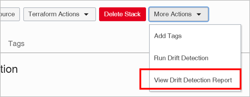 A screenshot that shows the details page for a stack, with the View Drift Detection Report option highlighted in the More Actions menu.