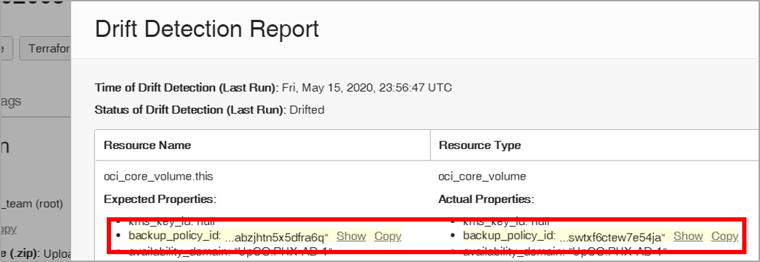 A screenshot that shows the a drift detection report with a property difference highlighted.