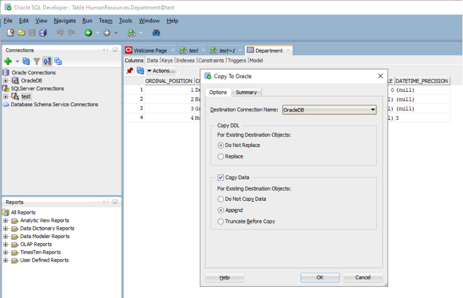 A screenshot of the Oracle SQL Developer schema showing the Copy To Oracle window.