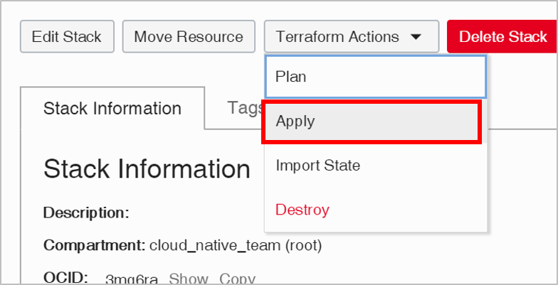 A screenshot that shows the details page for a stack, with the Apply option highlighted in the Terraform Actions menu.