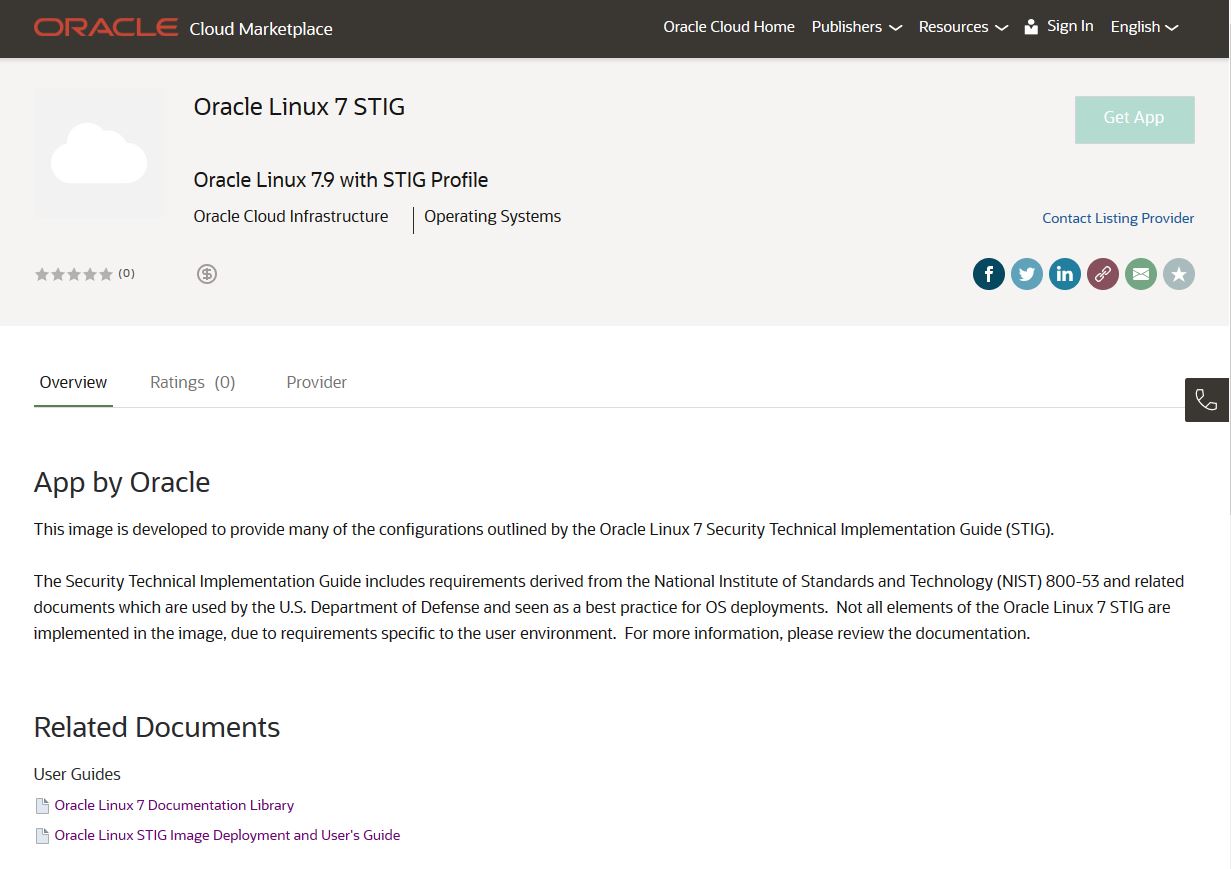 A screenshot of the Oracle Linux 7 STIG image page in Oracle Cloud Marketplace.