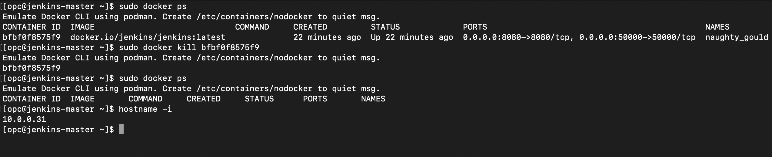 A screenshot of the code for stopping the Jenkins server.