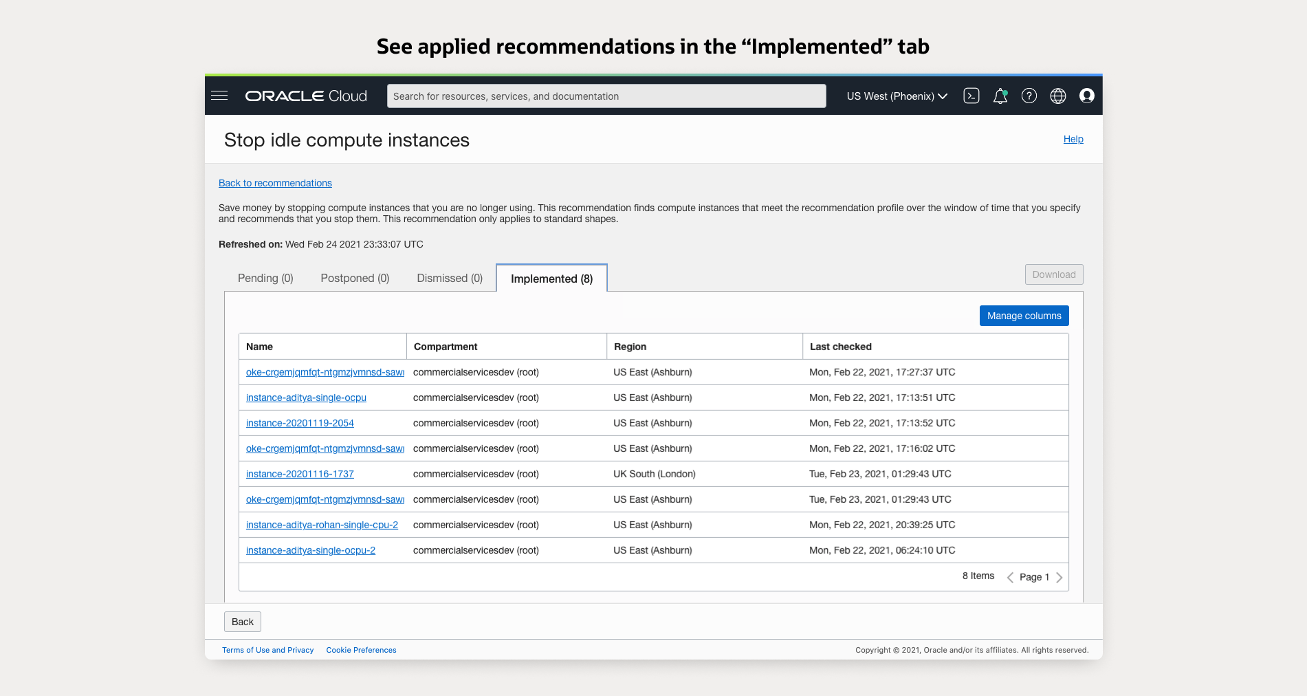 A screenshot of the Stop idle Compute instances screen in the Console.