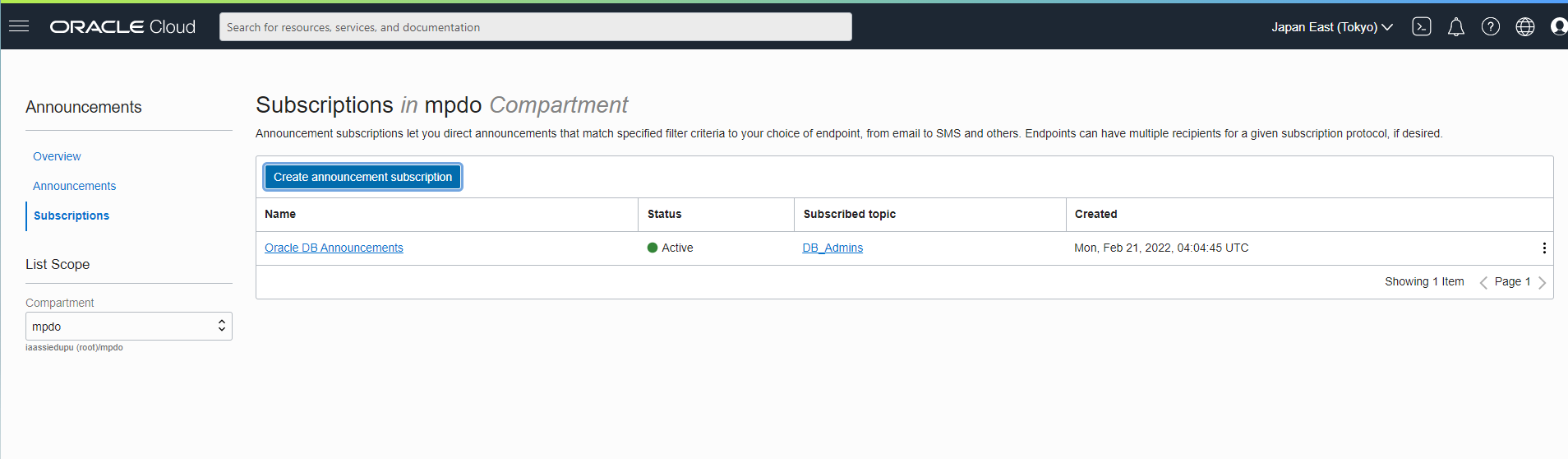 A screenshot of the Announcement subscriptions page in the Console.