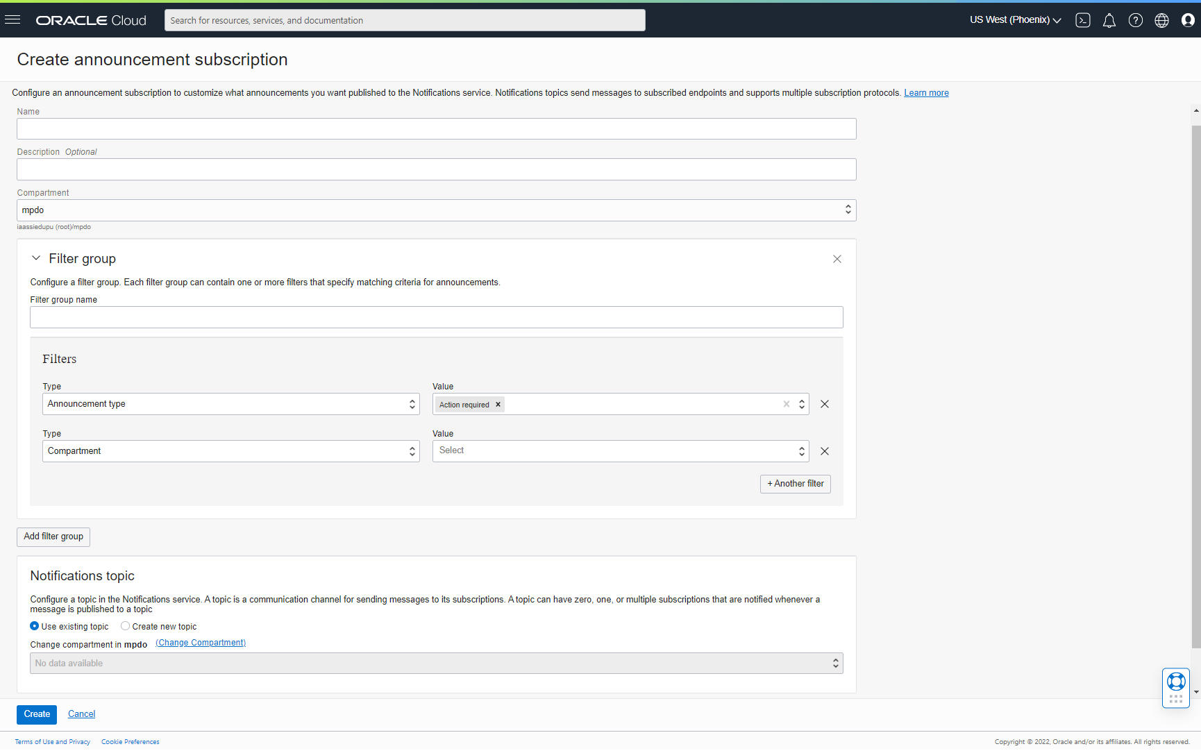 A screenshot of the Create Announcement Subscription page with details filled in.