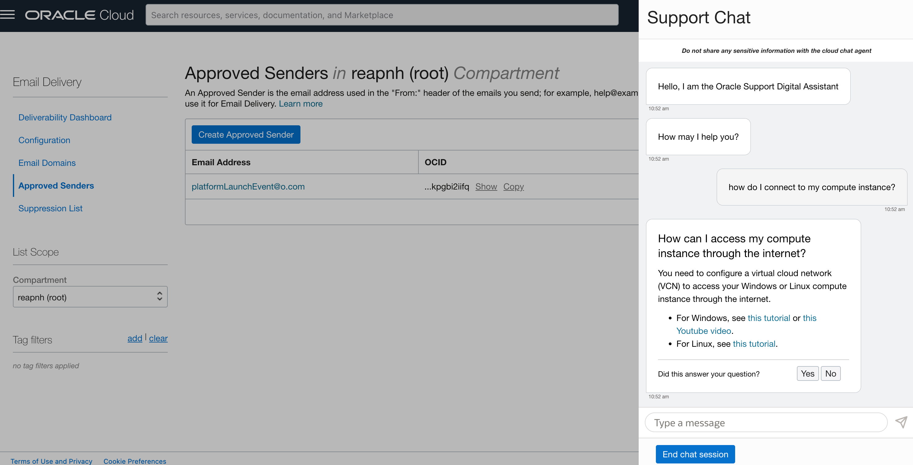 A screenshot of the Support Chat window on the right side of the Console.
