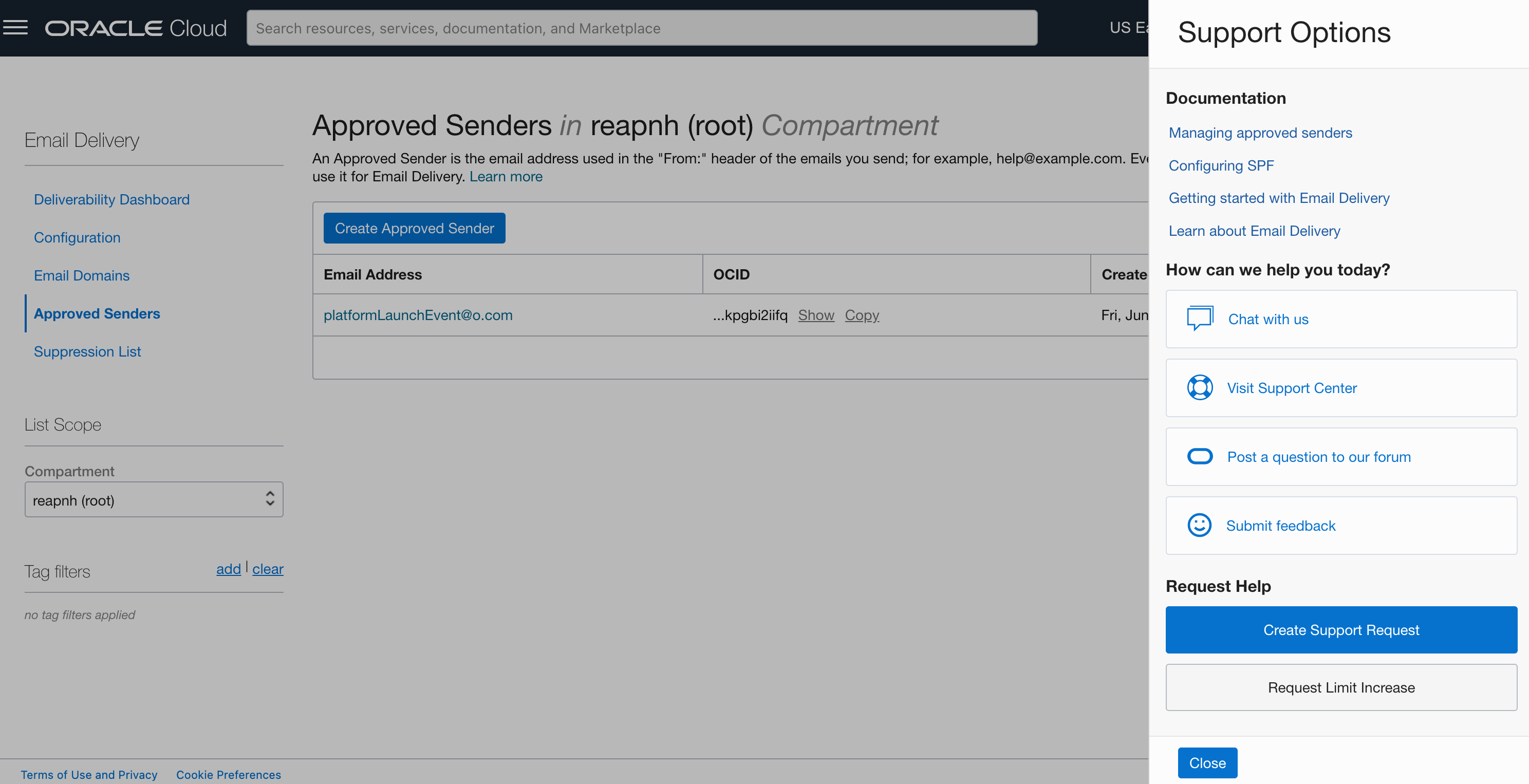 screenshot of Support options window over the Email Approved Senders screen